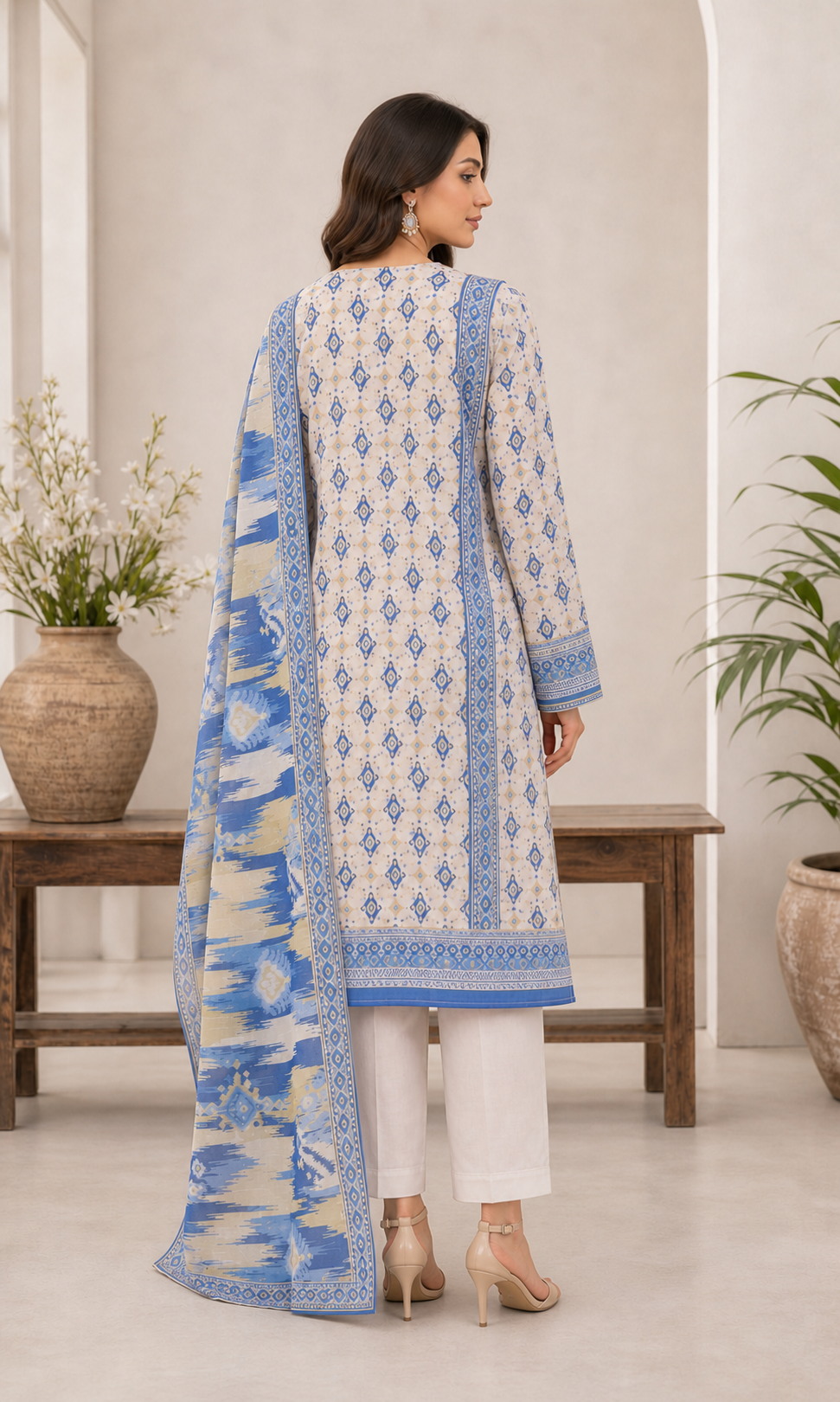 Ivory & Sapphire Blue 03 Piece Printed Lawn Suit — back view