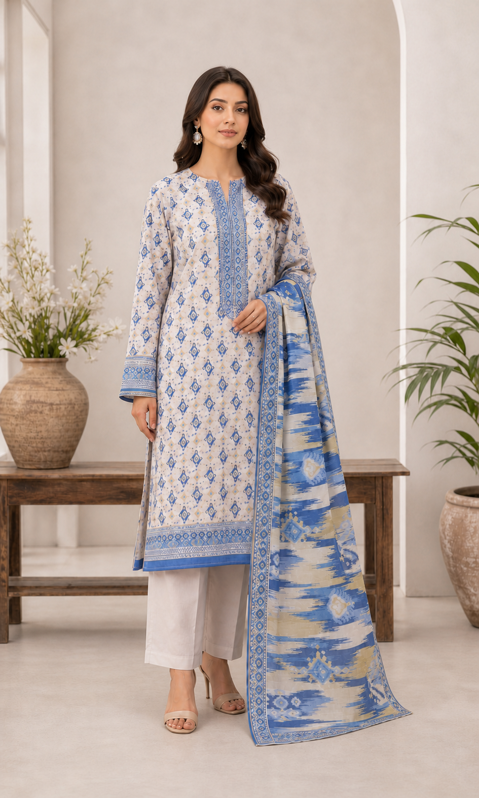 Ivory & Sapphire Blue 03 Piece Printed Lawn Suit — three-quarter view