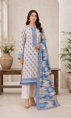 Ivory & Sapphire Blue 03 Piece Printed Lawn Suit — three-quarter view