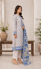 Ivory & Sapphire Blue 03 Piece Printed Lawn Suit — side view