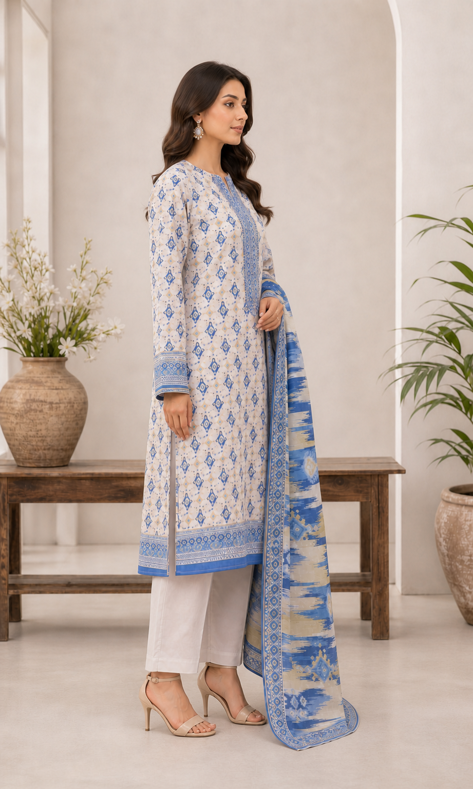 Ivory & Sapphire Blue 03 Piece Printed Lawn Suit — side view
