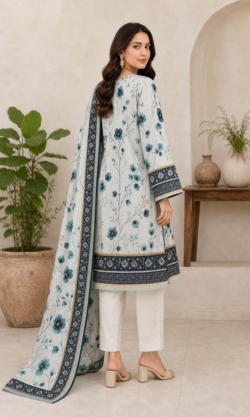 Ivory & Teal Botanical 03 Piece Printed Lawn Suit back view
