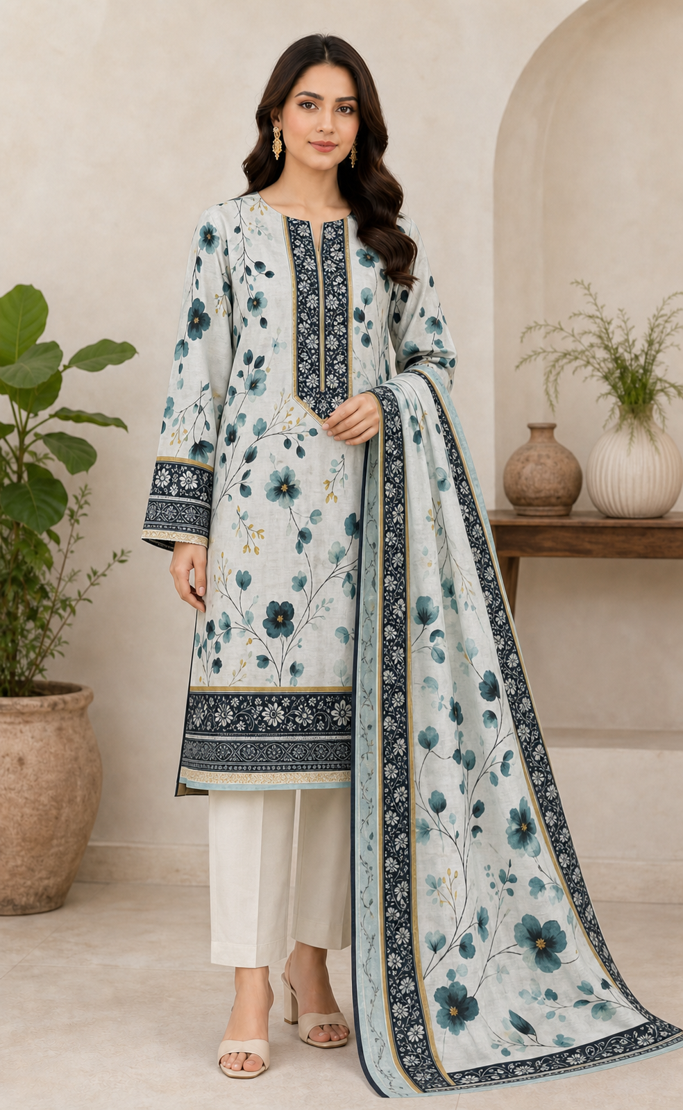 Ivory & Teal Botanical 03 Piece Printed Lawn Suit front view