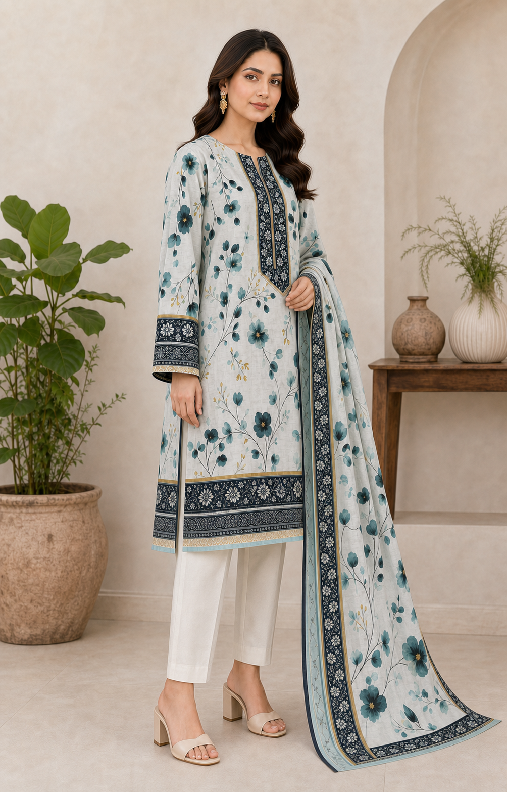 Ivory & Teal Botanical 03 Piece Printed Lawn Suit side view
