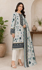 Ivory & Teal Botanical 03 Piece Printed Lawn Suit three-quarter view