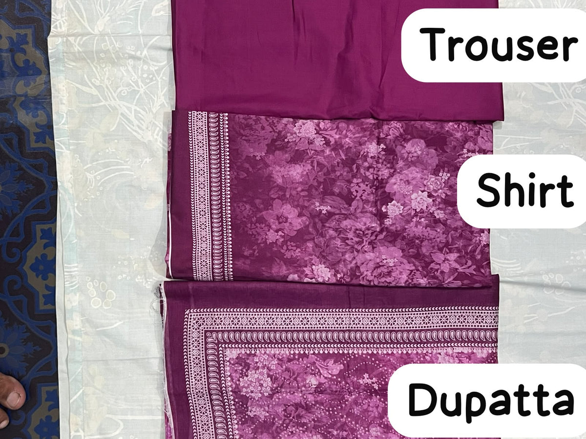 Premium Floral Printed 3-Piece Suit - Magenta
