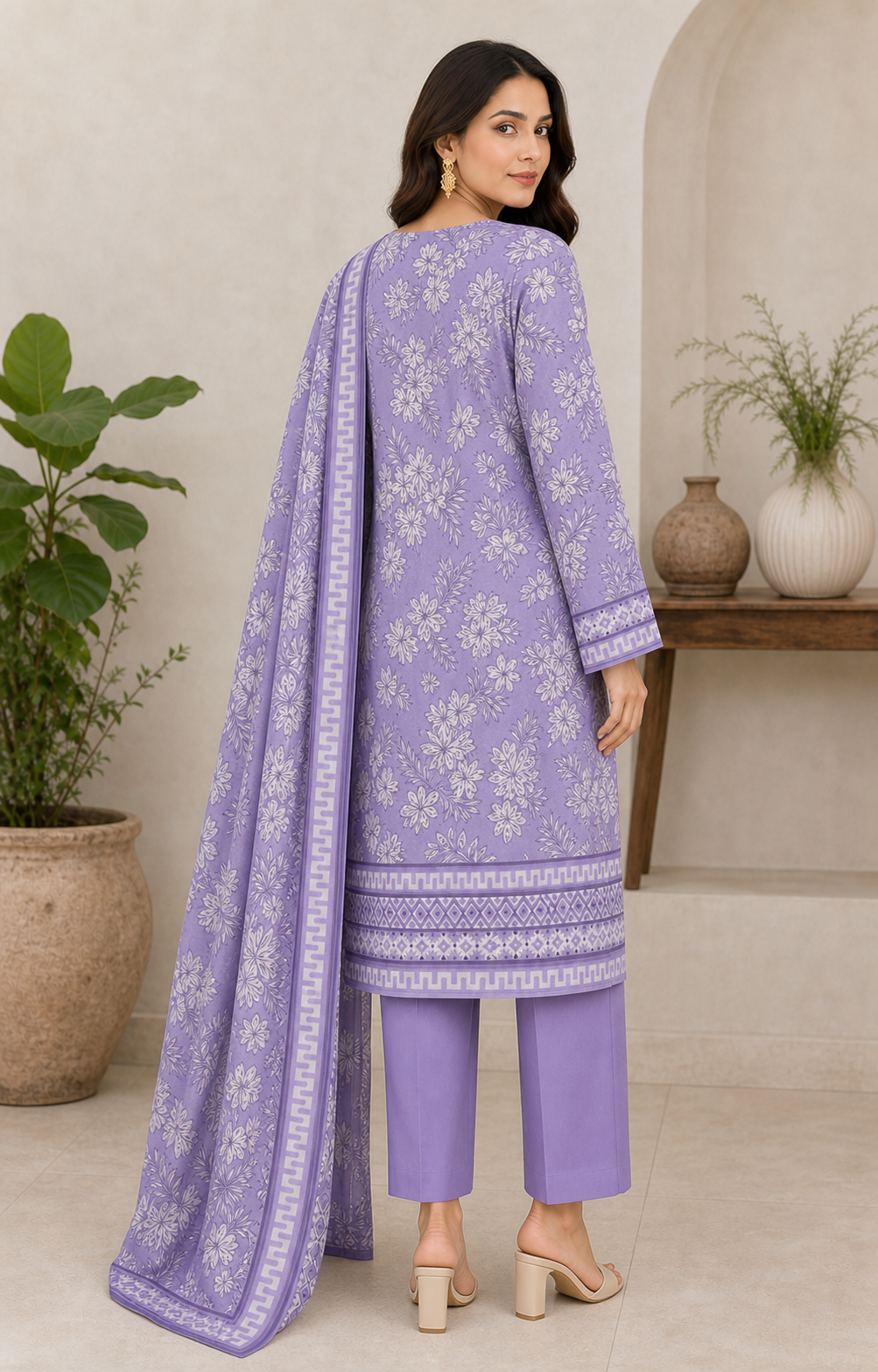 Lavender Tropical 03 Piece Printed Lawn Suit back view