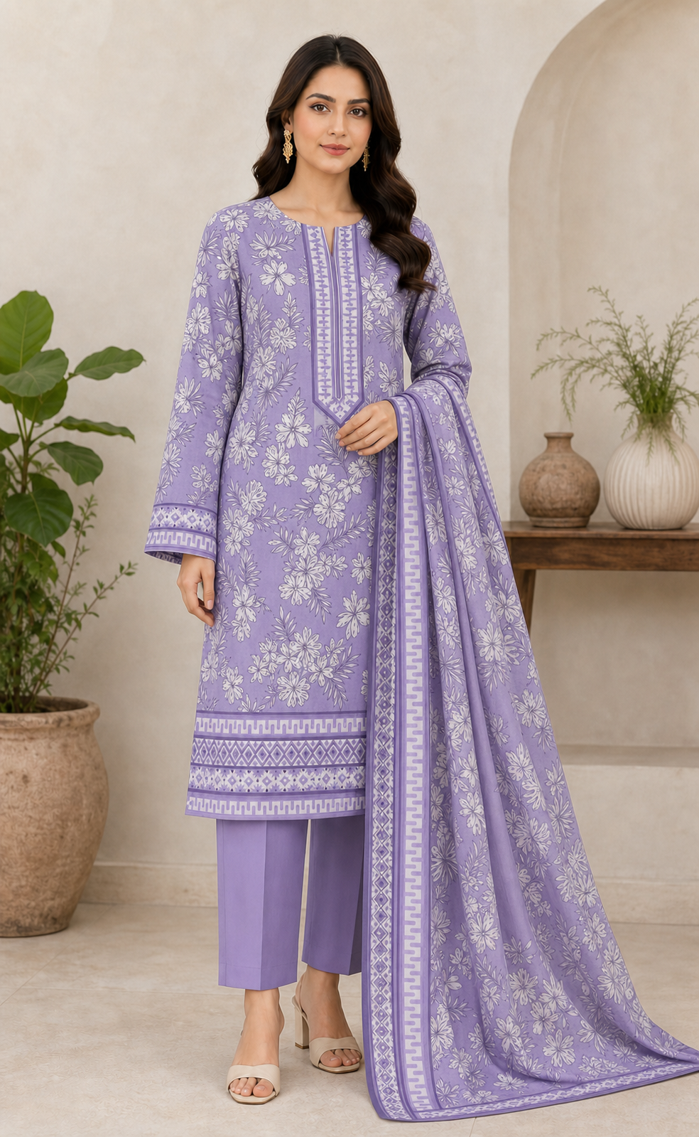 Lavender Tropical 03 Piece Printed Lawn Suit front view