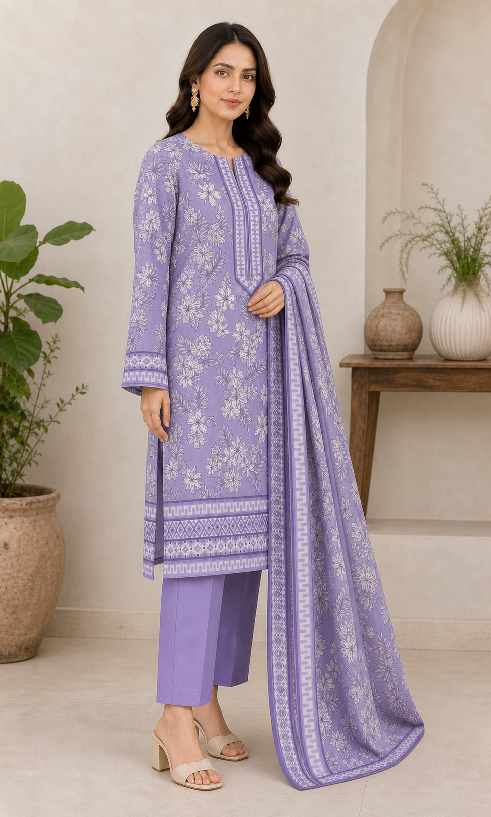 Lavender Tropical 03 Piece Printed Lawn Suit side view