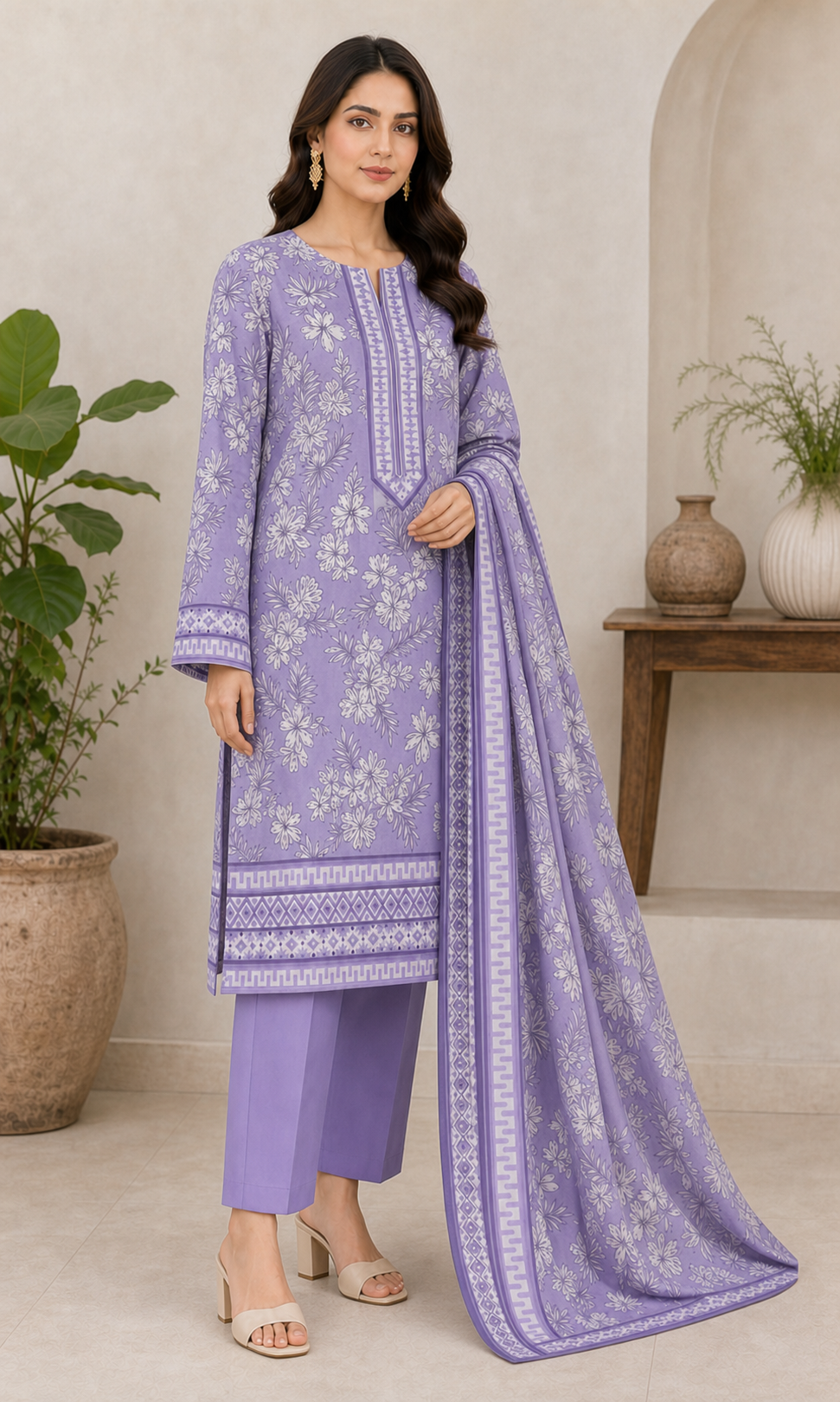 Lavender Tropical 03 Piece Printed Lawn Suit three-quarter view
