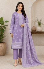 Lavender & White 03 Piece Printed Lawn Suit — front view