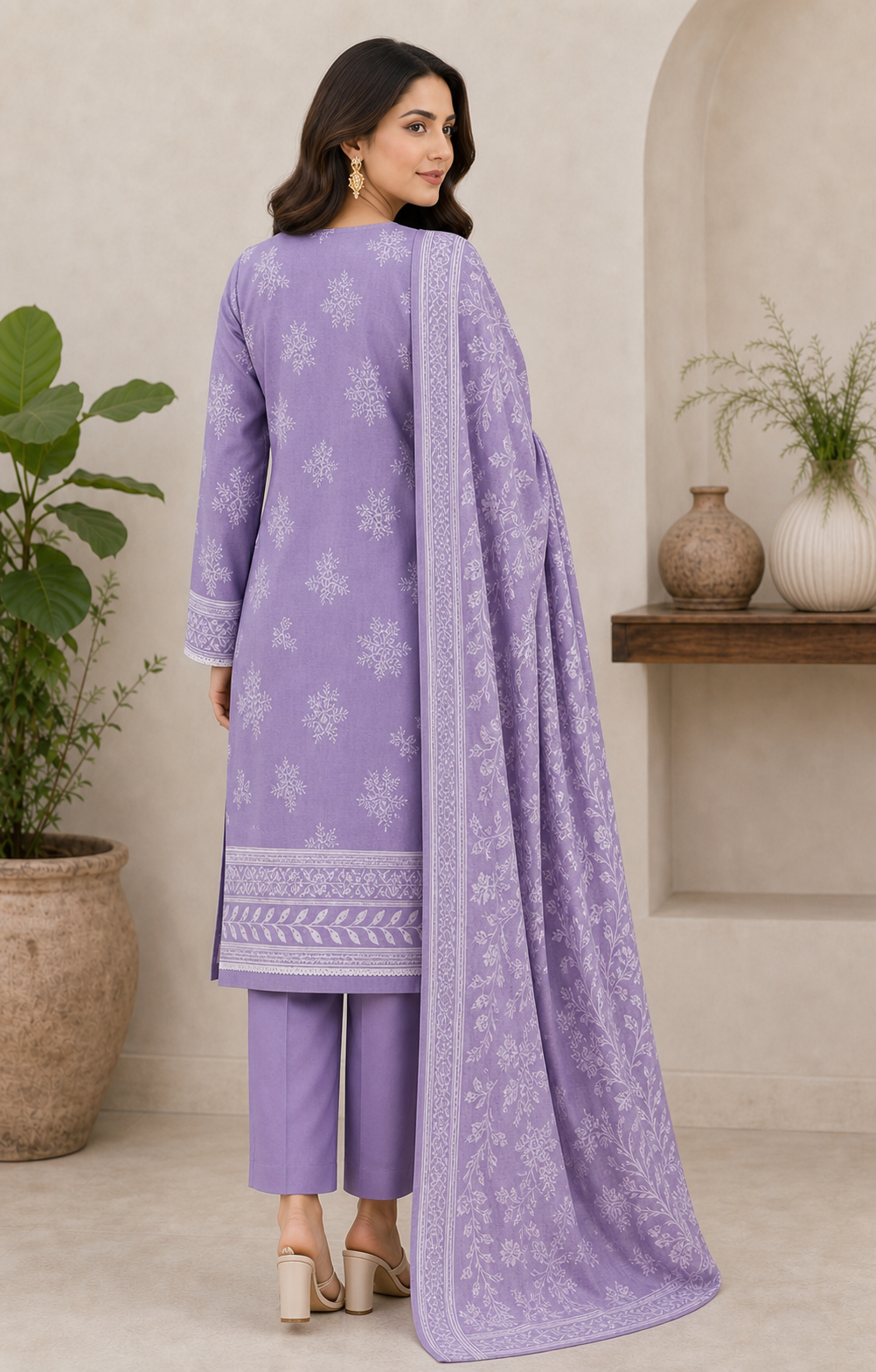 Lavender & White 03 Piece Printed Lawn Suit — back view