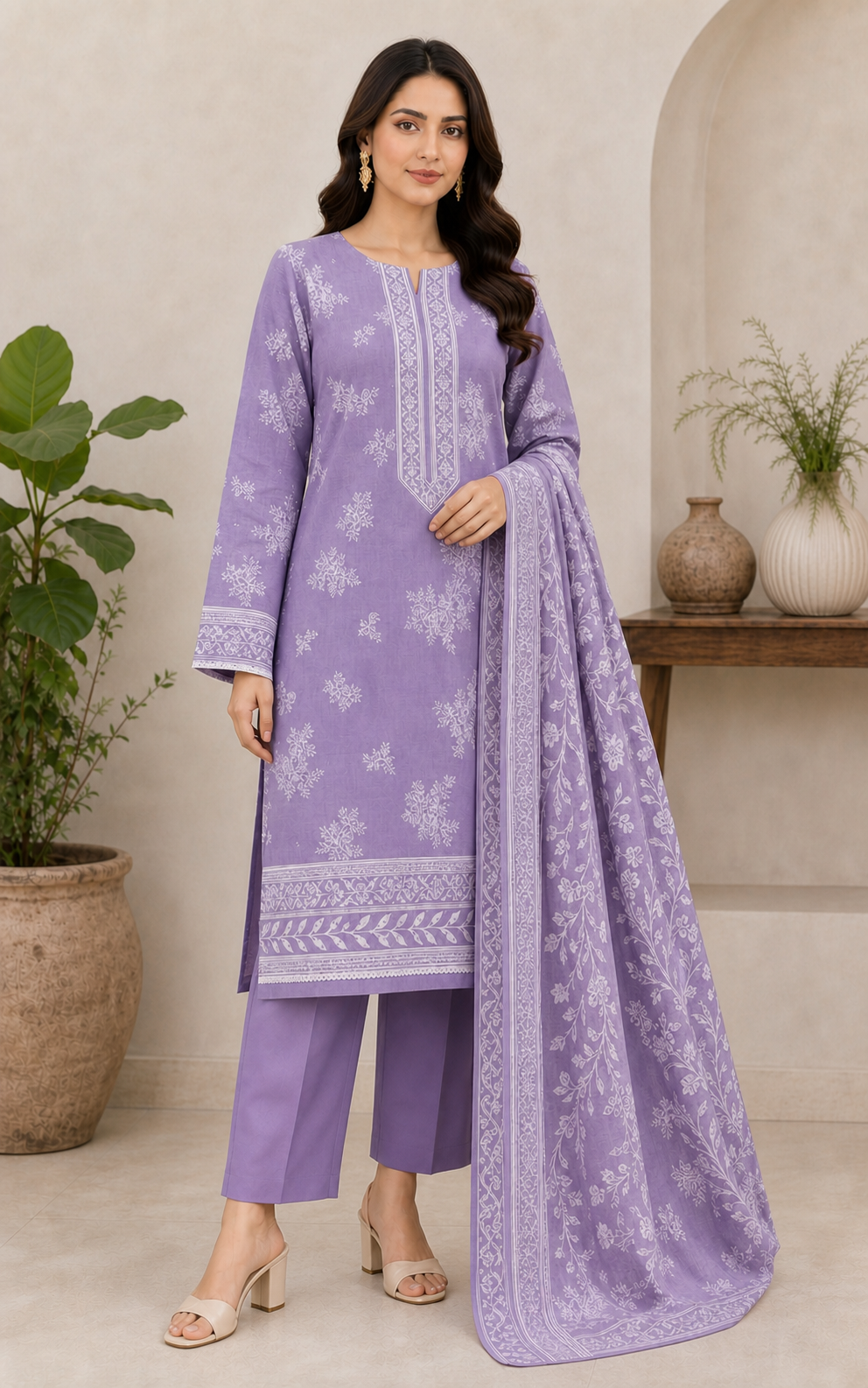 Lavender & White 03 Piece Printed Lawn Suit — three-quarter view