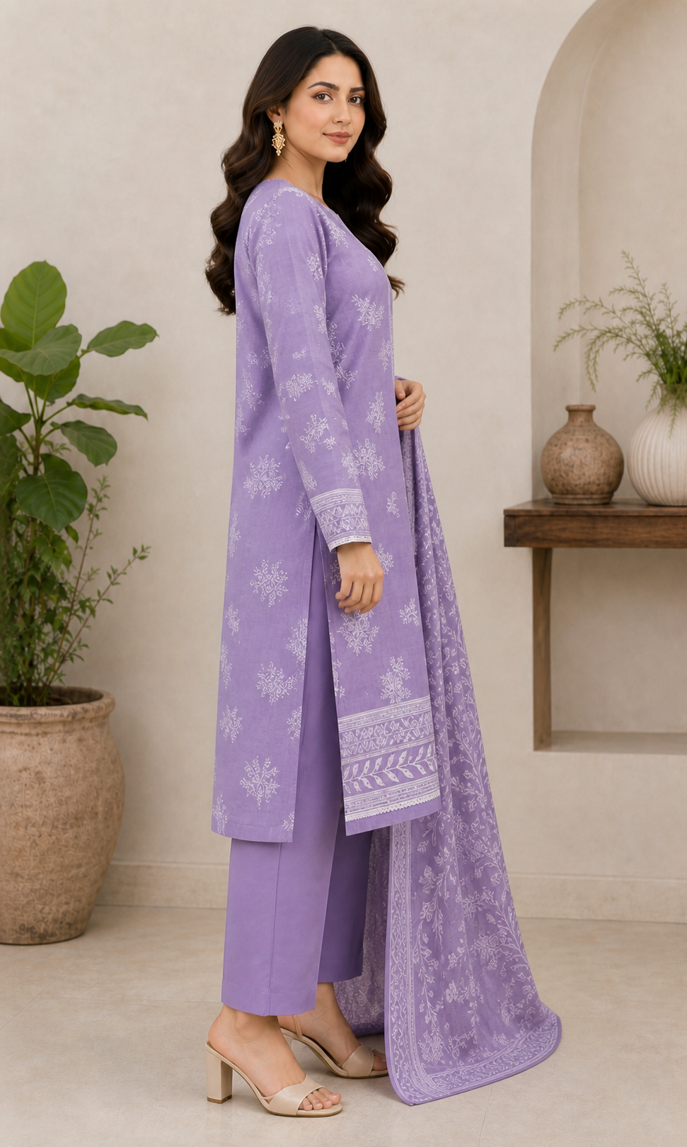 Lavender & White 03 Piece Printed Lawn Suit — side view