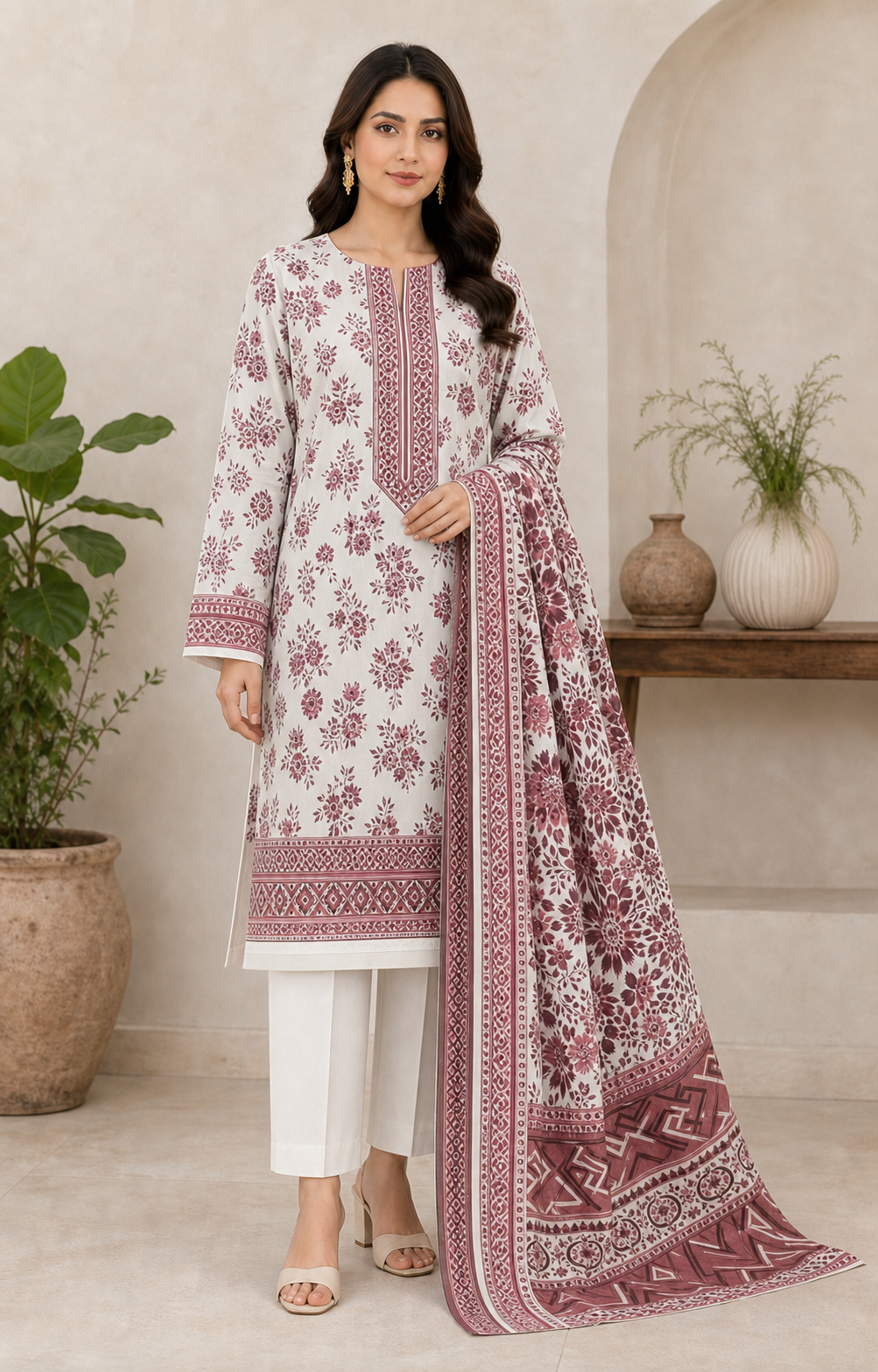 Maroon Blush & White 03 Piece Printed Lawn Suit — front view