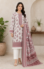 Maroon Blush & White 03 Piece Printed Lawn Suit — front view