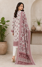 Maroon Blush & White 03 Piece Printed Lawn Suit — back view