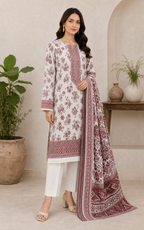 Maroon Blush & White 03 Piece Printed Lawn Suit — three-quarter view