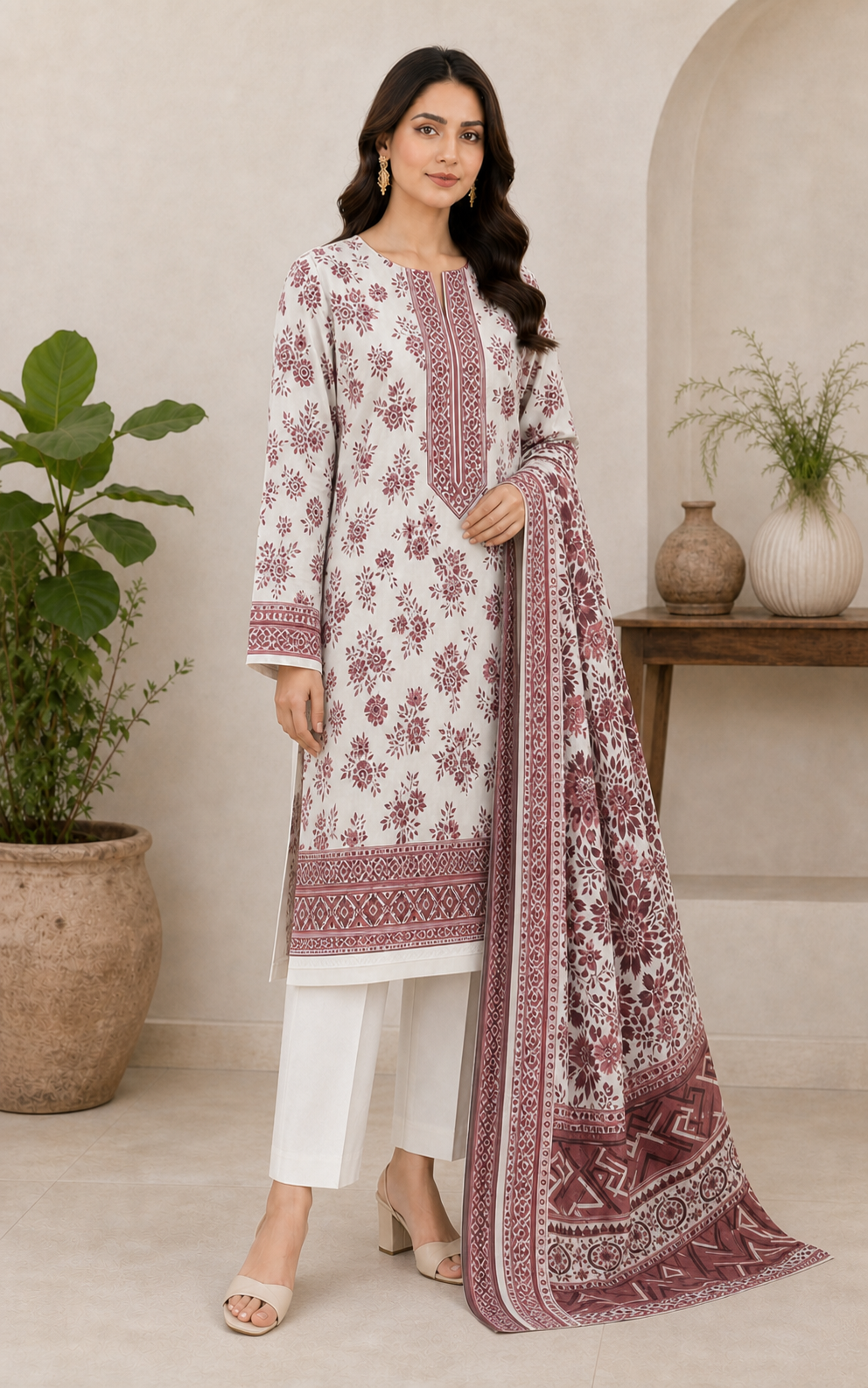 Maroon Blush & White 03 Piece Printed Lawn Suit — three-quarter view