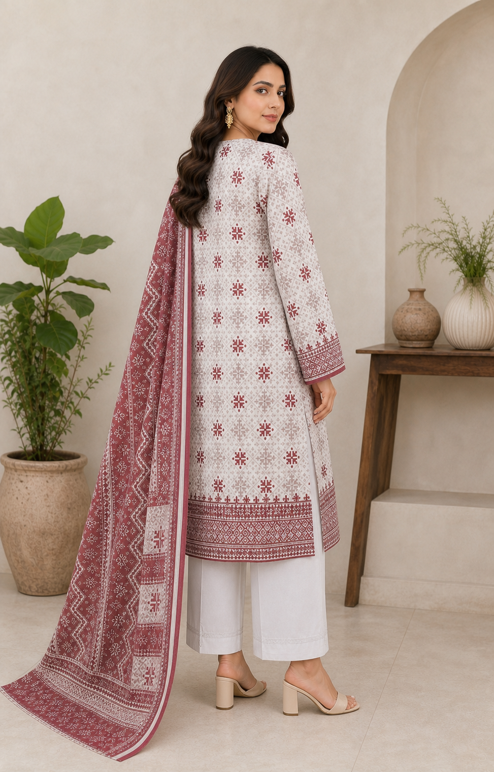 Maroon Geometric & Snowflake 03 Piece Printed Lawn Suit - back view