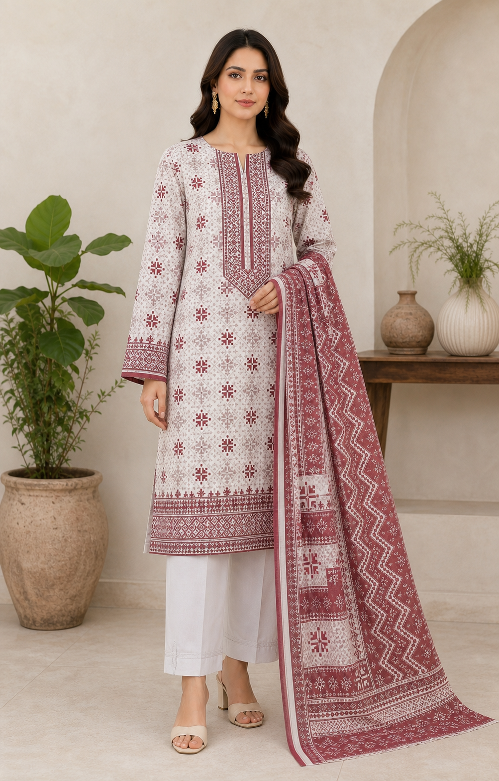 Maroon Geometric & Snowflake 03 Piece Printed Lawn Suit - front view