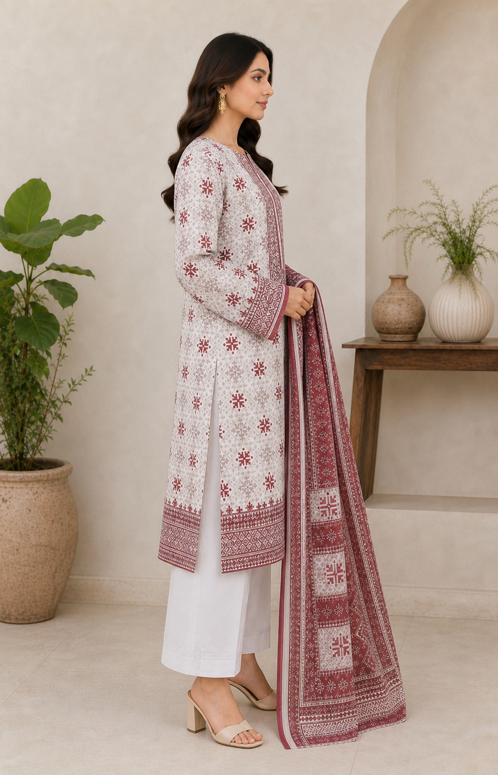 Maroon Geometric & Snowflake 03 Piece Printed Lawn Suit - side view