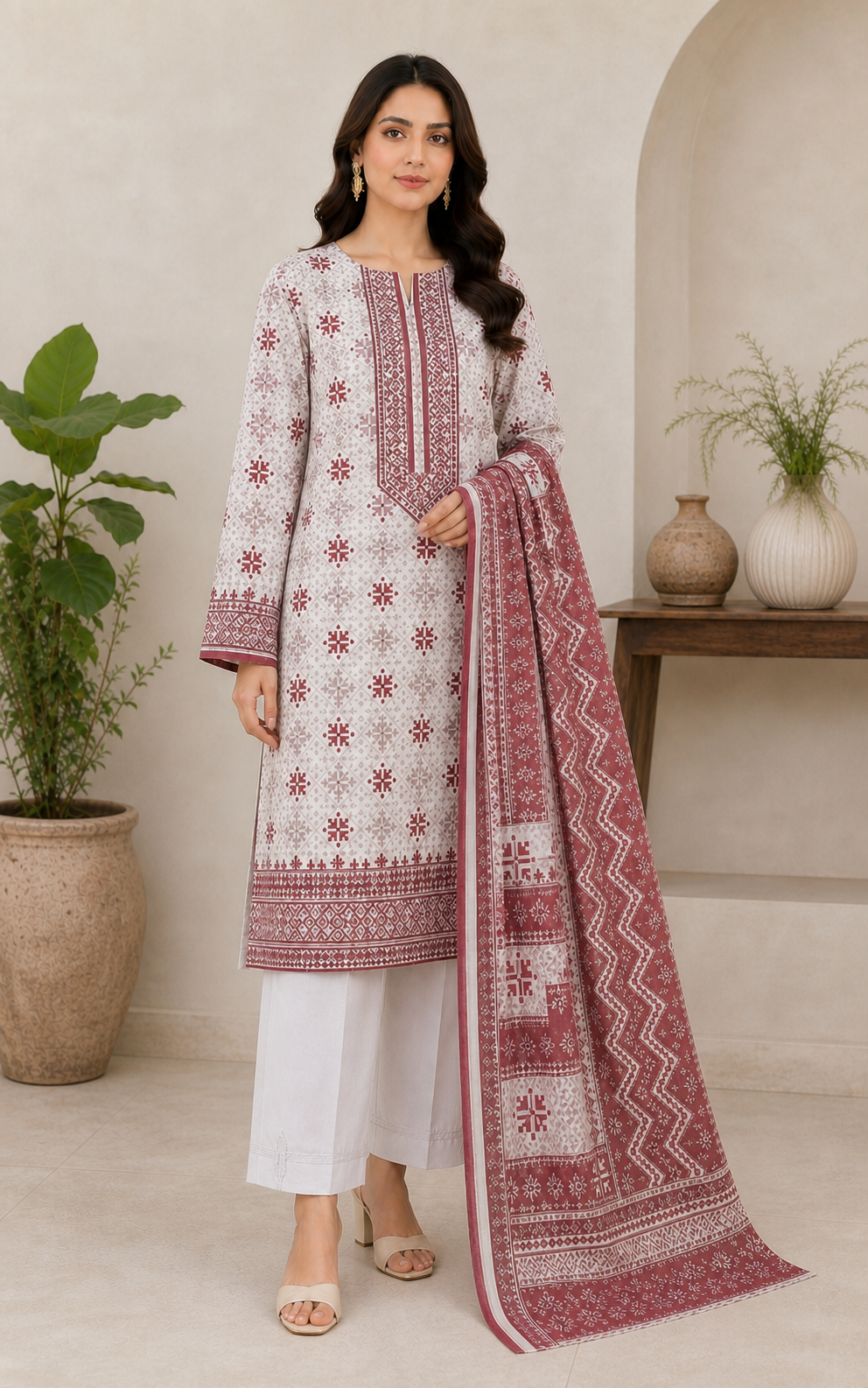 Maroon Geometric & Snowflake 03 Piece Printed Lawn Suit - three-quarter view