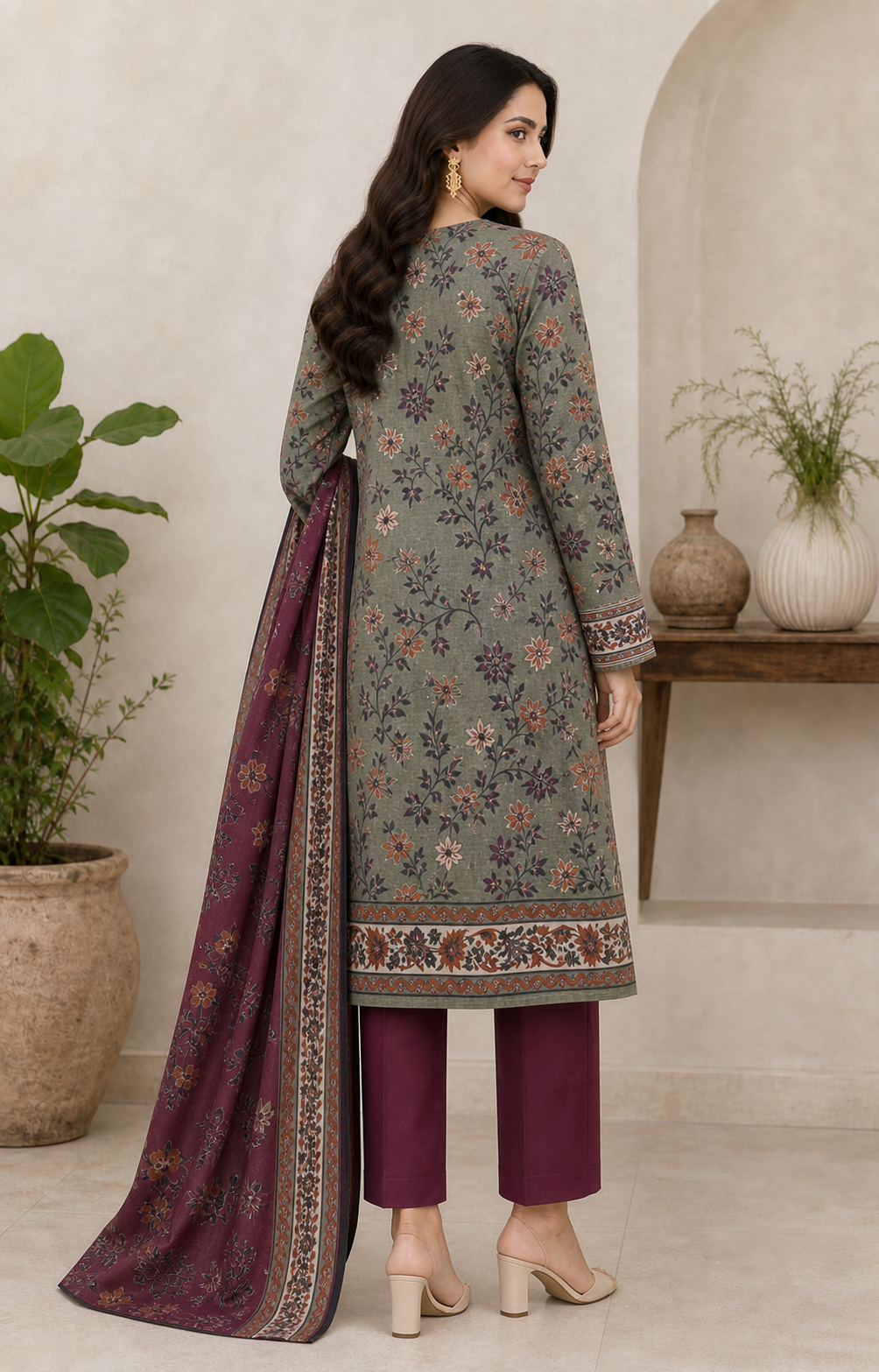 Maroon & Olive 03 Piece Printed Lawn Suit - back view