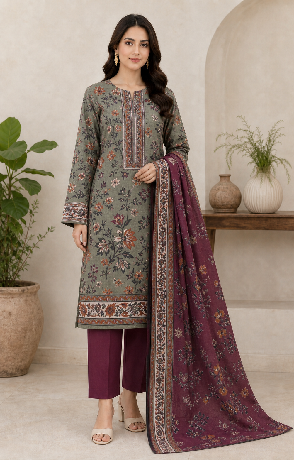 Maroon & Olive 03 Piece Printed Lawn Suit - front view