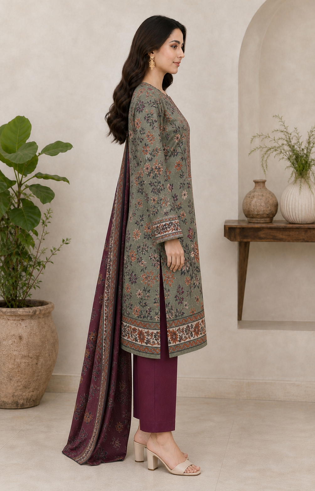 Maroon & Olive 03 Piece Printed Lawn Suit - side view