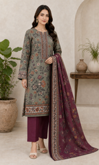 Maroon & Olive 03 Piece Printed Lawn Suit - three-quarter view