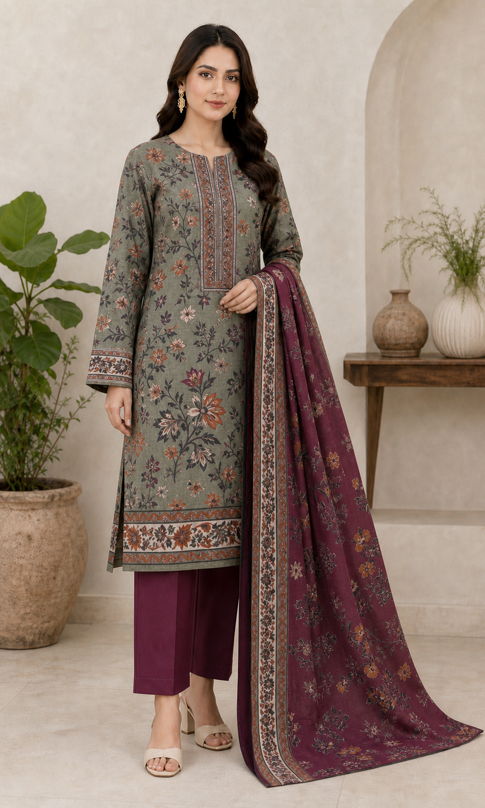 Maroon & Olive 03 Piece Printed Lawn Suit - three-quarter view