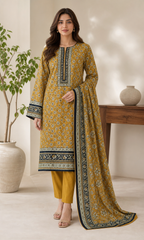 Mustard & Black Floral 03 Piece Printed Lawn Suit — front view
