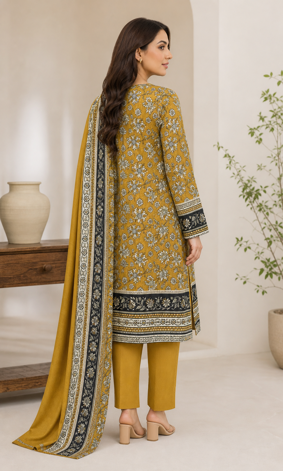 Mustard & Black Floral 03 Piece Printed Lawn Suit — back view