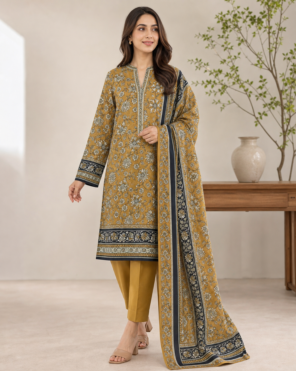 Mustard & Black Floral 03 Piece Printed Lawn Suit — three-quarter view