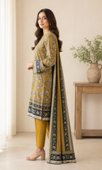 Mustard & Black Floral 03 Piece Printed Lawn Suit — side view