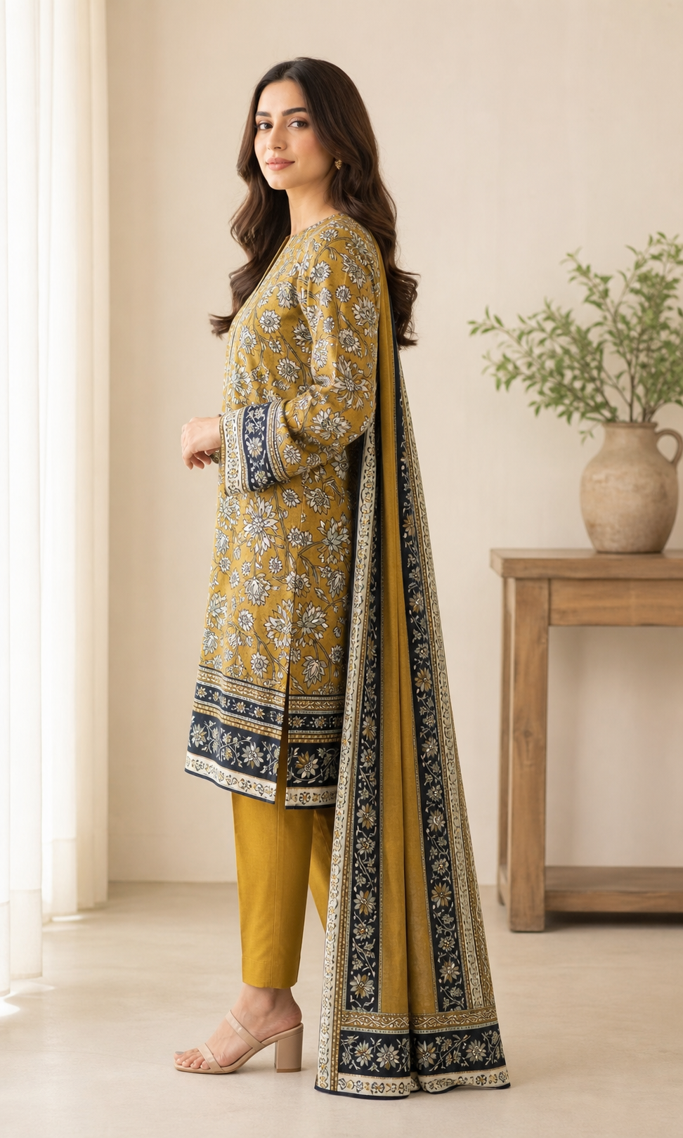Mustard & Black Floral 03 Piece Printed Lawn Suit — side view