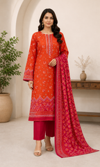 Orange & Crimson 03 Piece Printed Lawn Suit — front view