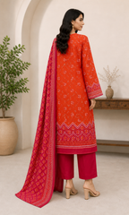 Orange & Crimson 03 Piece Printed Lawn Suit — back view
