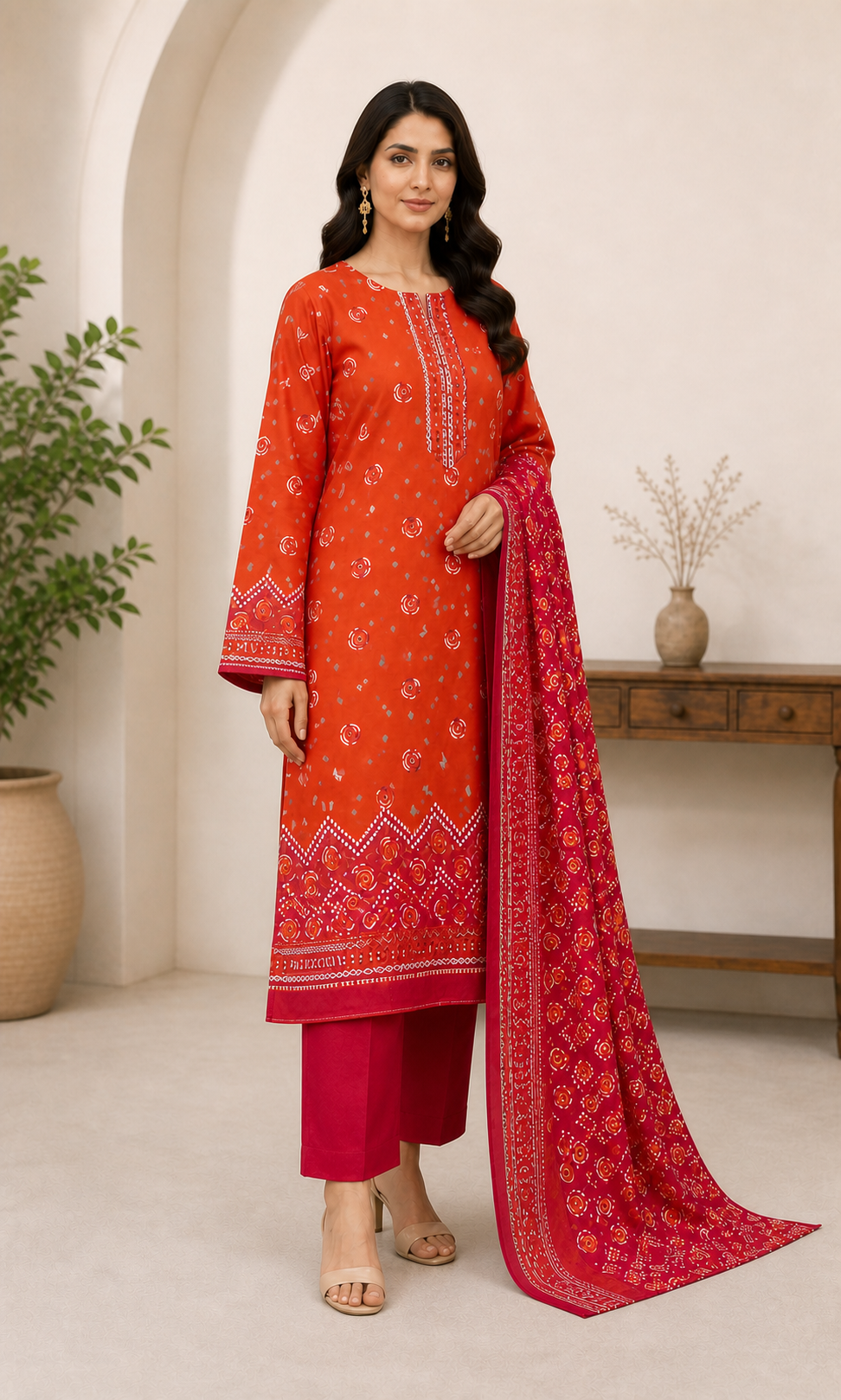 Orange & Crimson 03 Piece Printed Lawn Suit — three-quarter view