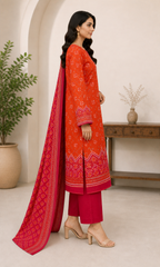 Orange & Crimson 03 Piece Printed Lawn Suit — side view