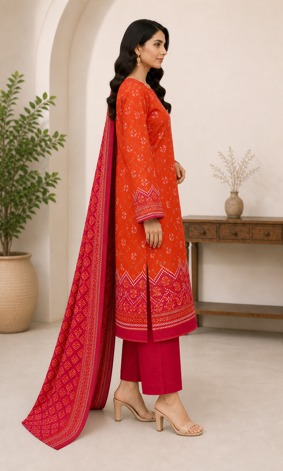 Orange & Crimson 03 Piece Printed Lawn Suit — side view
