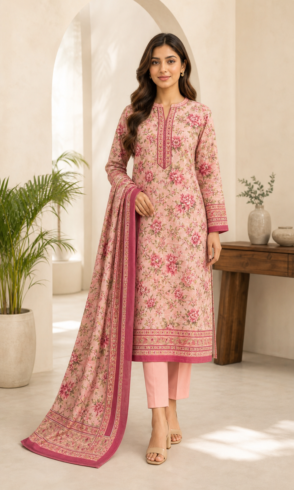 Peach Floral 03 Piece Printed Lawn Suit — front view