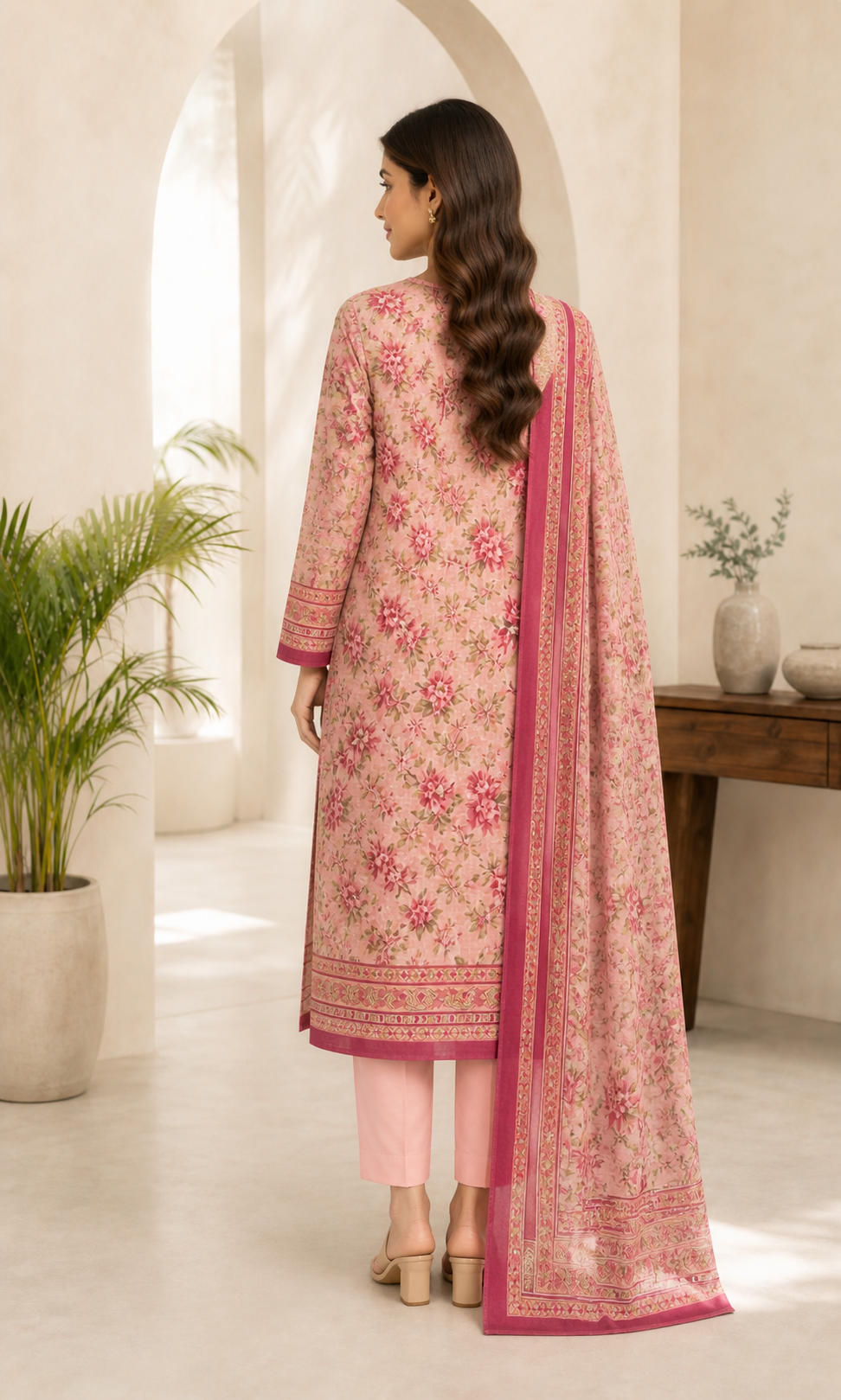 Peach Floral 03 Piece Printed Lawn Suit — back view