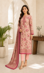 Peach Floral 03 Piece Printed Lawn Suit — three-quarter view