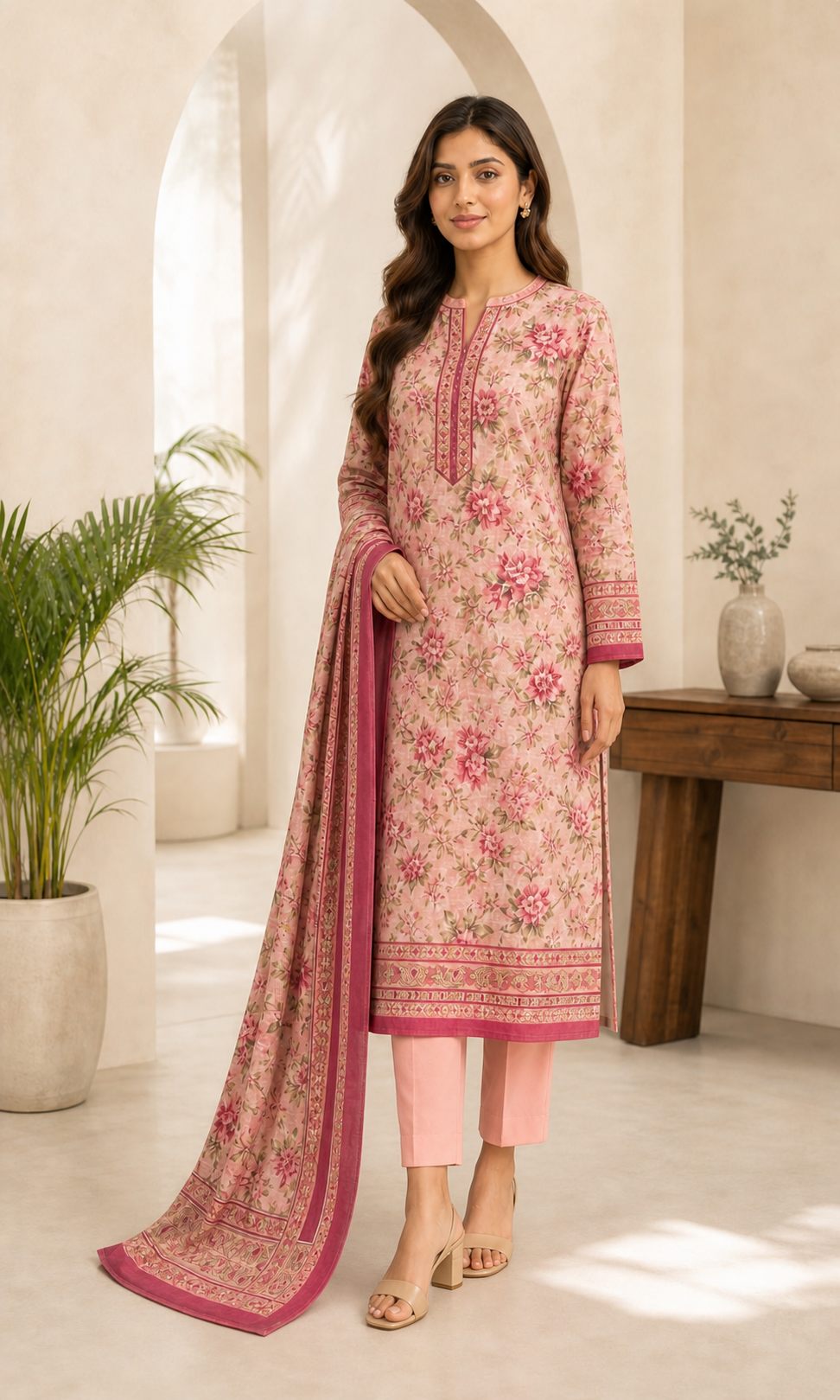 Peach Floral 03 Piece Printed Lawn Suit — three-quarter view