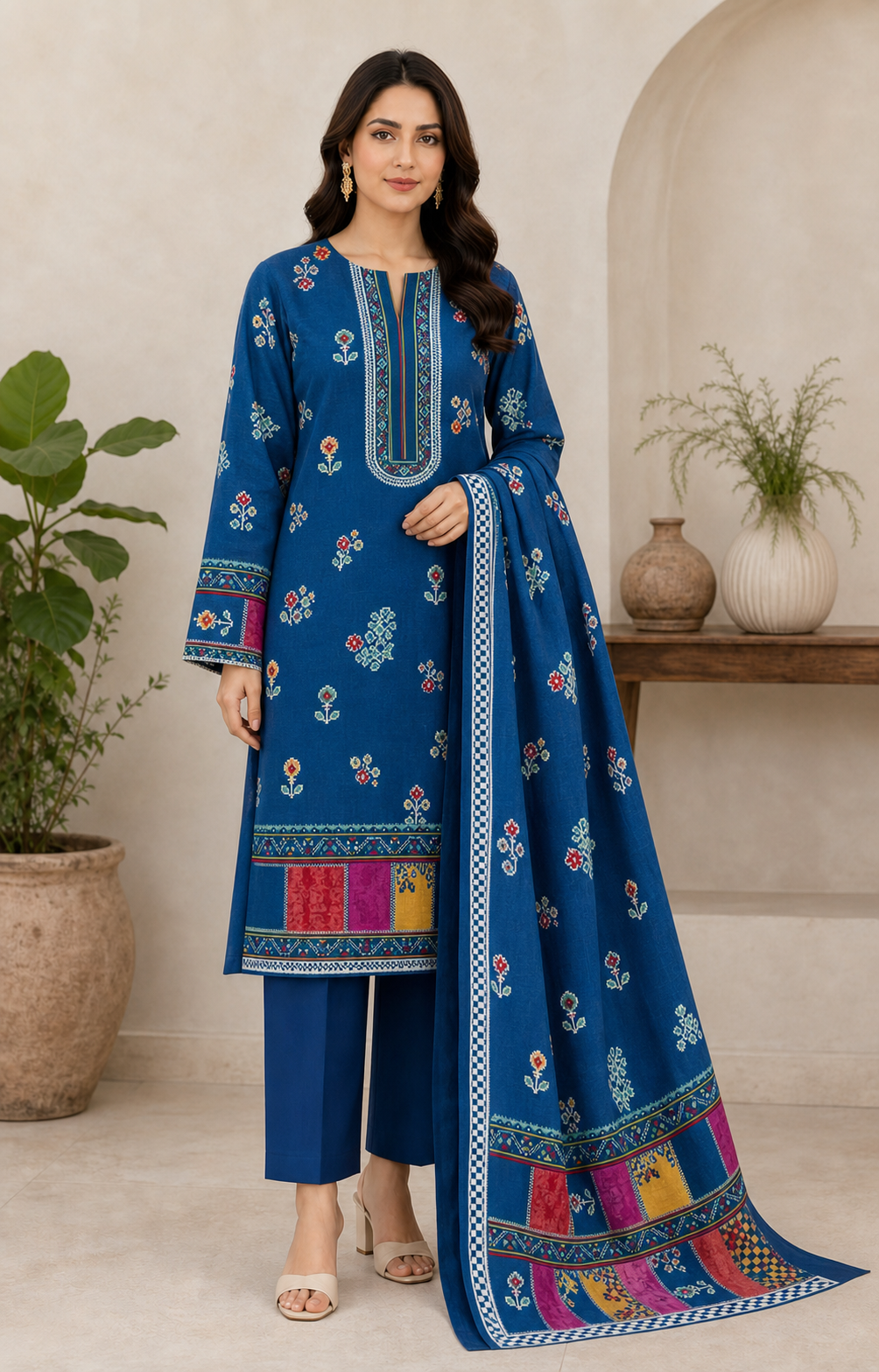 Royal Blue Multicolour 03 Piece Printed Lawn Suit — front view