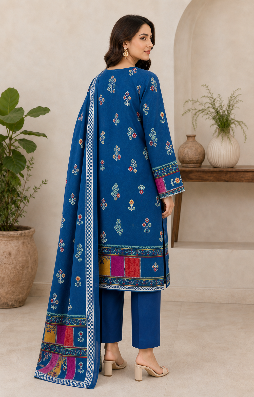 Royal Blue Multicolour 03 Piece Printed Lawn Suit — back view