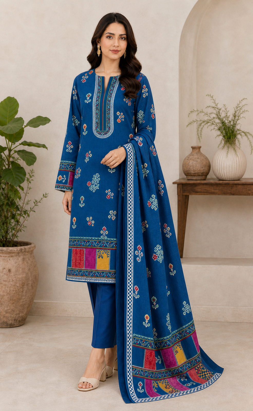 Royal Blue Multicolour 03 Piece Printed Lawn Suit — three-quarter view