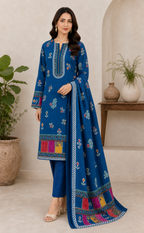 Royal Blue Multicolour 03 Piece Printed Lawn Suit — three-quarter view